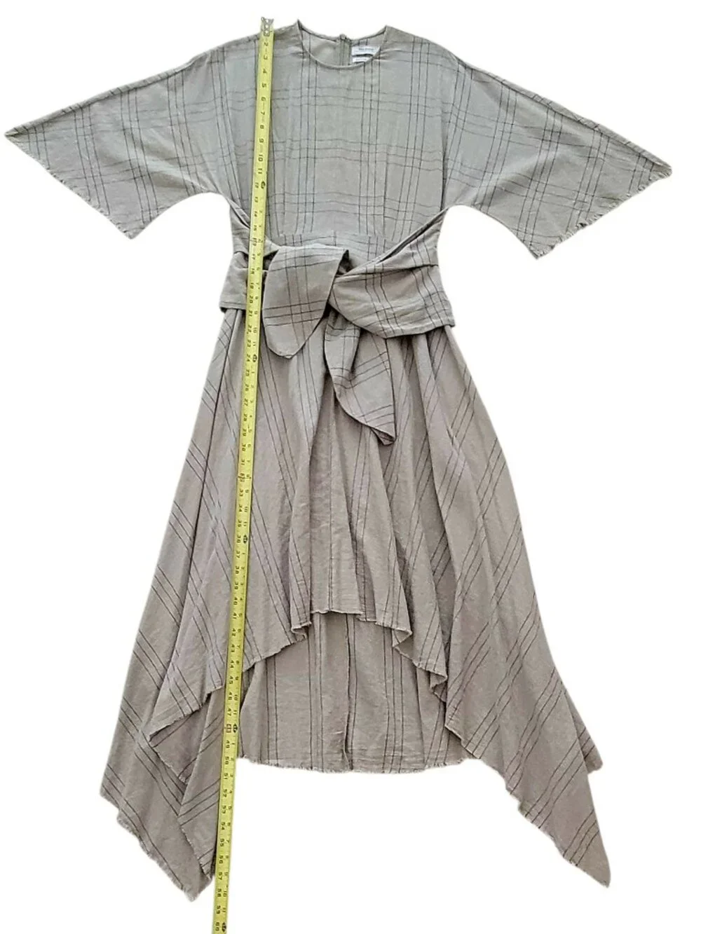 Zara Sage Green Linen Cotton Hi Low Hem Tie Dress Boho Lagenlook Plaid Stripe - Picture 6 of 11